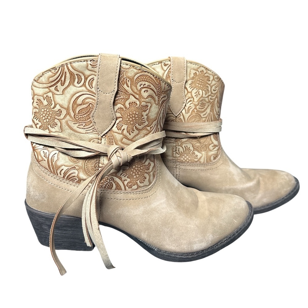 dingo Tan Floral Embossed Western Ankle Booties - Picture 12 of 14